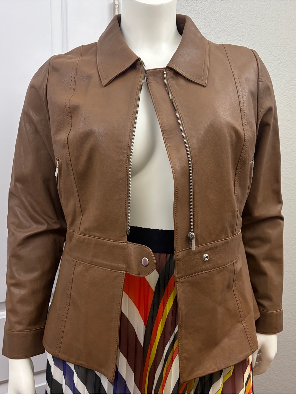 Rebecca Taylor Chestnut Brown Leather Zip Jacket NWT - Size 16 - Picture 7 of 16